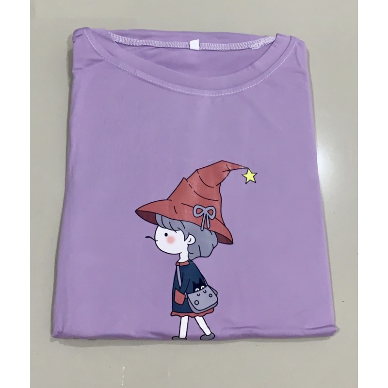 Oversize Tee Tshirt Model Longgar Utk Wanita Motif Cute Witch Lilac