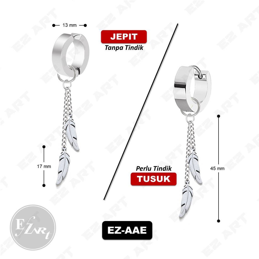 1Pc EZ-AAE ANTING KPOP JEPIT / TUSUK RANTAI BULU GANDA SILVER STAINLESS STEEL PRIA WANITA