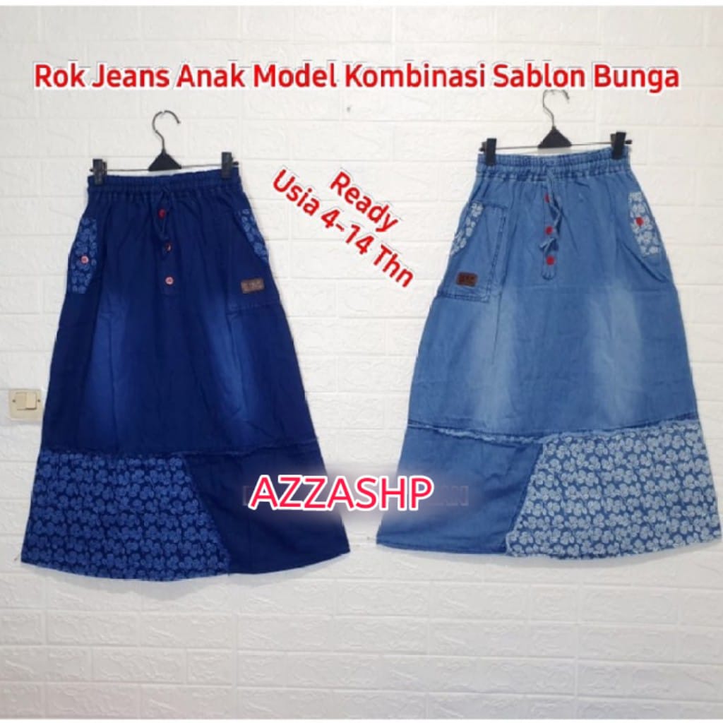 Rok Jeans Anak Kombinasi Sablon Bunga Usia 4-14 Tahun / Rok Jeans Anak Premium