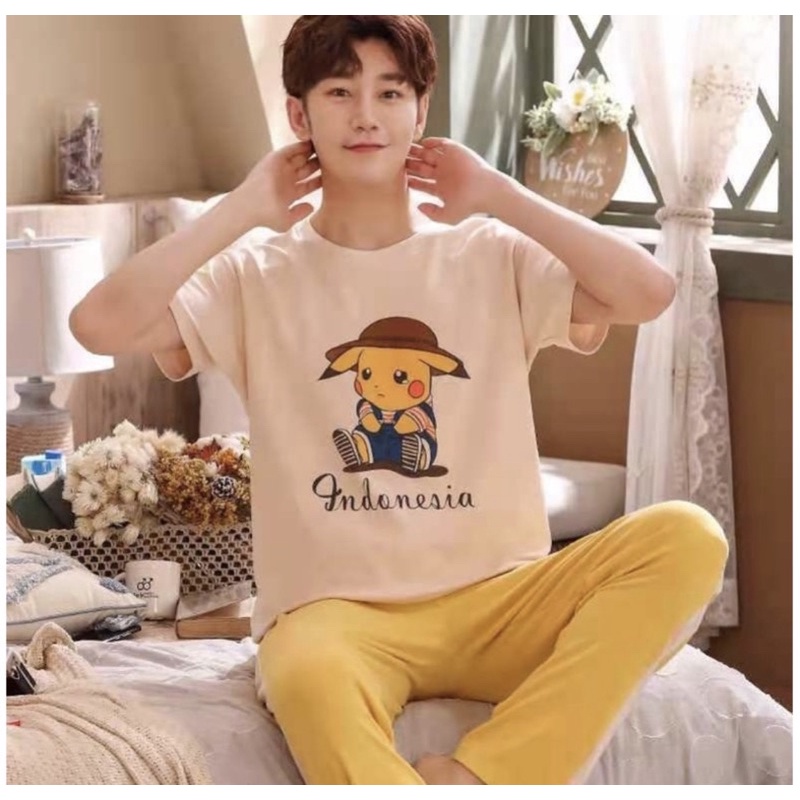 BAJU TIDUR COWOK DEWASA KAOS KATUN IMPORT PREMIUM BIG SIZE M-4XL SETELAN CELANA PANJANG MOTIF PIKACU YELLOW TERBARU