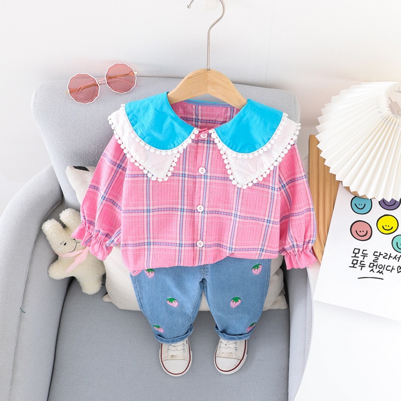 Baju Anak Perempuan EMA Set Kemeja dan Celana Jeans Fashion Anak Korean Style Import 2in1