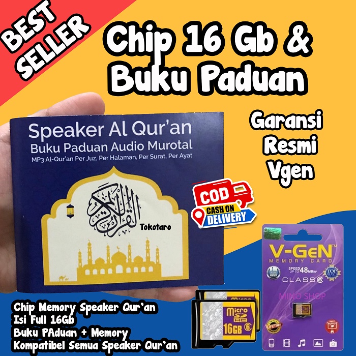 (Memori 16gb+Buku Paduan) Chip Murottal Speaker Alquran Per Ayat  Per Juz Lengkap 30 Juz Murottal