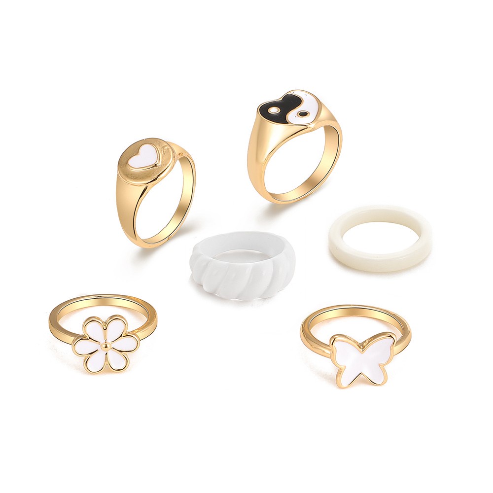 6pcs / Set Cincin Tai Chi Bentuk Hati Kupu-Kupu Putih Gaya Elegan Untuk Aksesoris Wanita