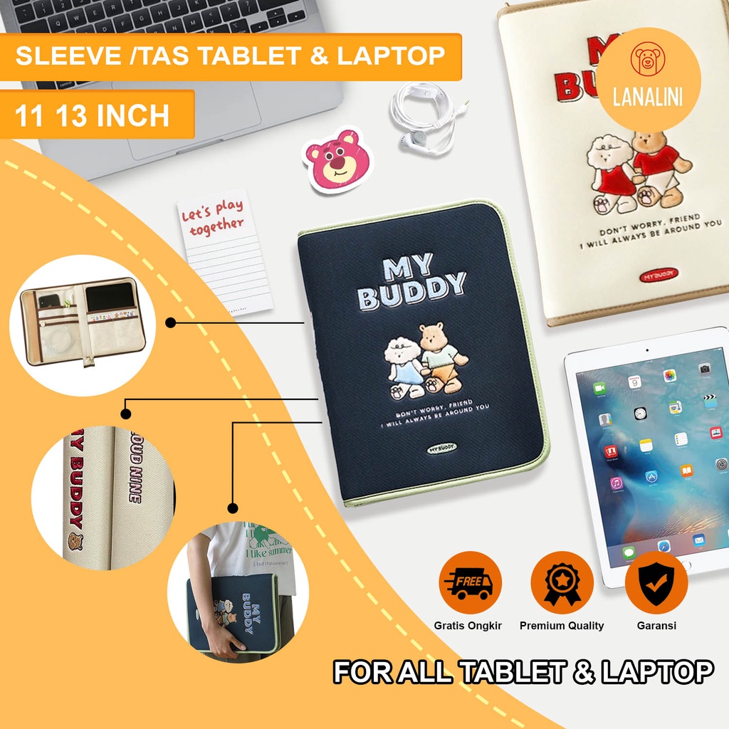 Sleeve Pouch Sarung Tas Bag Case Ipad Tab Tablet Macbook Air Pro Laptop Asus Acer Lenovo HP Huawei 11 12 13 14 15 inch Motif Gambar Kartun Bear Beruang Poodle Warna Biru Navy Putih White Cute Murah Korean Model Kanvas Canvas Waterproof Air Slot Stationary