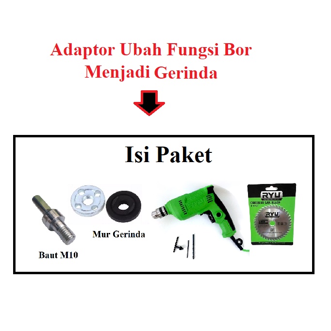 PAKET Mesin Bor 10 mm Ryu RDR 10-3 + Baut Adaptor M10 + Mata Circle 4&quot; Ubah Fungsi Bor Jadi Gerinda