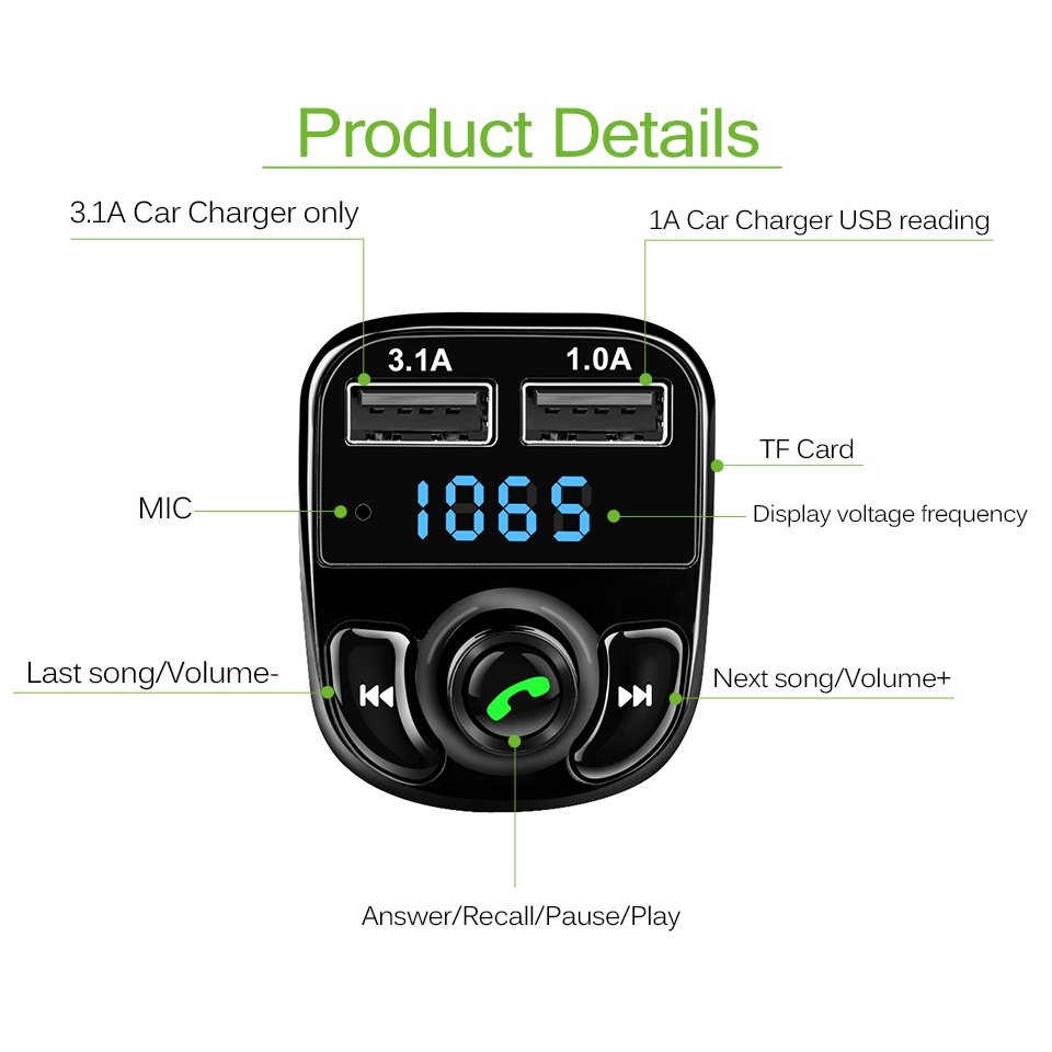 Bluetooth Audio Receiver FM Transmitter Handsfree with USB Car Charger - OMSCUZBK - Black