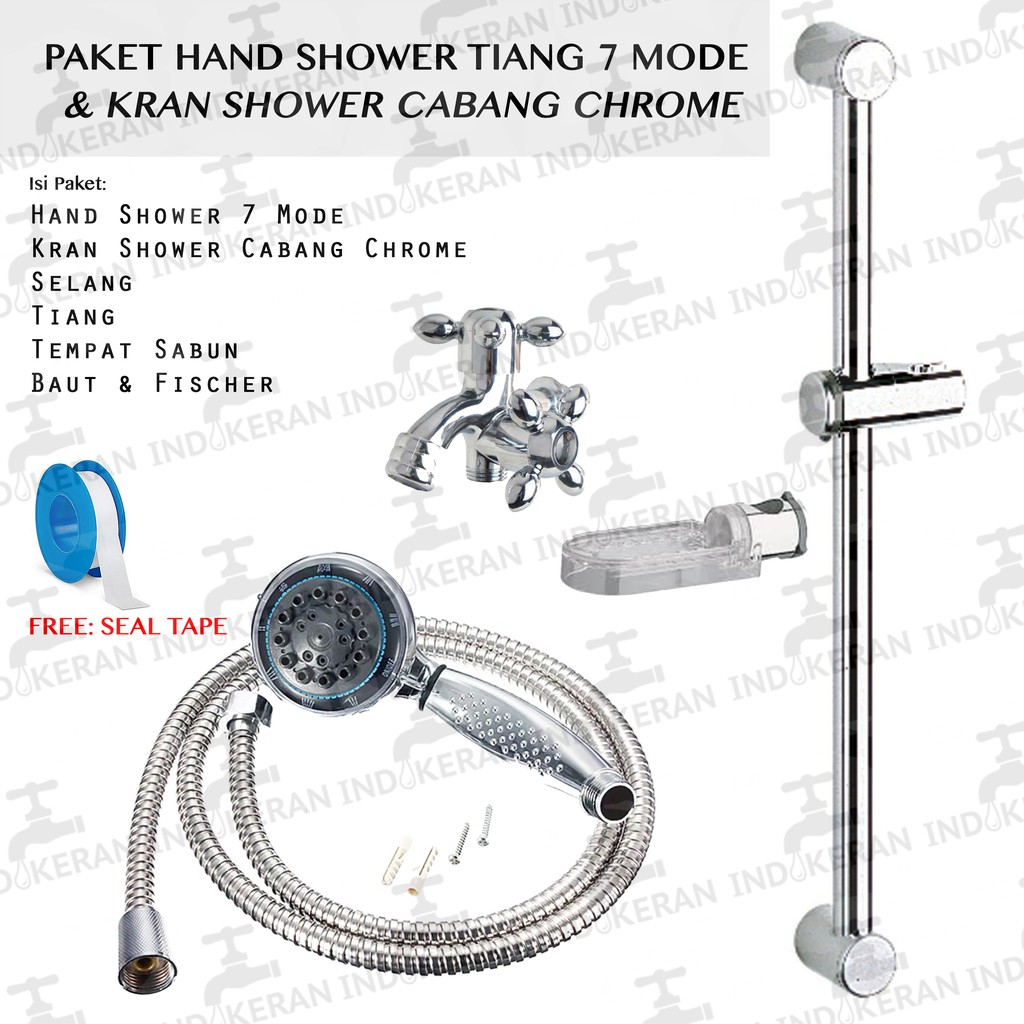 INDOKERAN - Paket Hand Shower Tiang dan Kran Shower Cabang Chrome - 1/2 Inch - High Quality