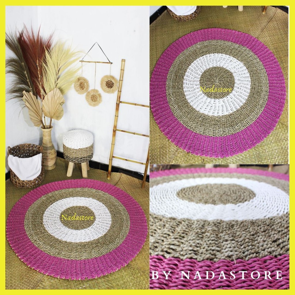 Rug Seagrass Pink Kombinasi 120 cm / karpet anyaman / Tikar Bulan