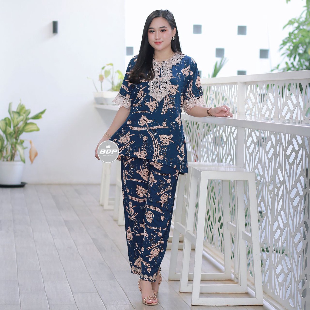 TERBARU | SETELAN BAJU TIDUR PIYAMA ARAB RENDA | ONE SET BUSUI | PIYAMA ARAB RENDA-ST silvana navy