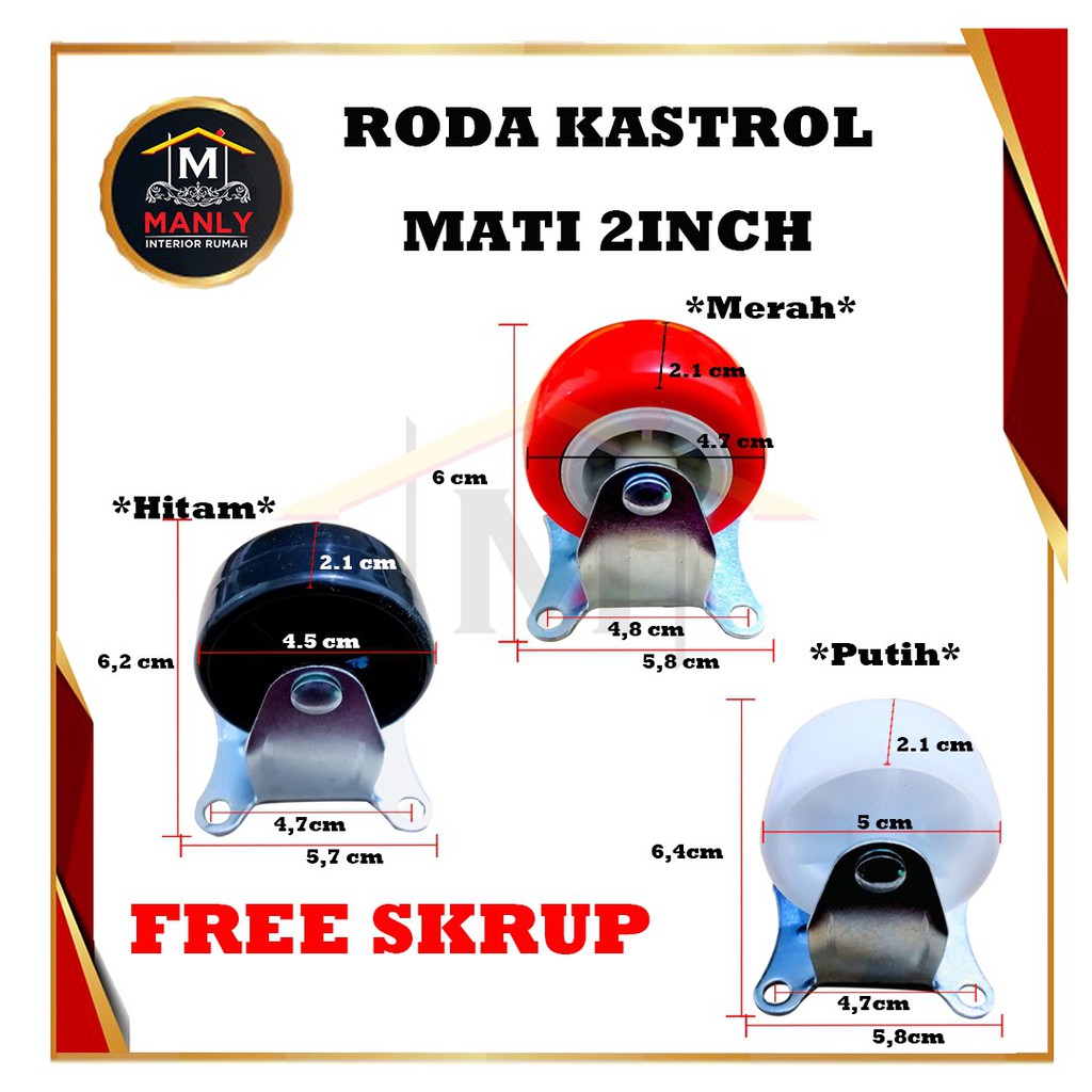 Roda Kastor Troly Etalase / Roda Lemari / Roda Kursi 2 Inch Mati, Isi 1 Pcs &amp; FREE SEKRUP