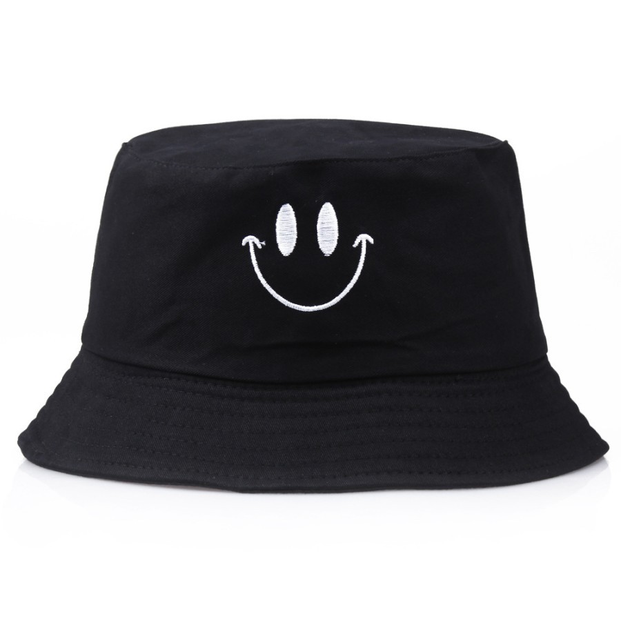 BHSS bucket hat import smile simple bordir topi summer fisherman korea - Hitam