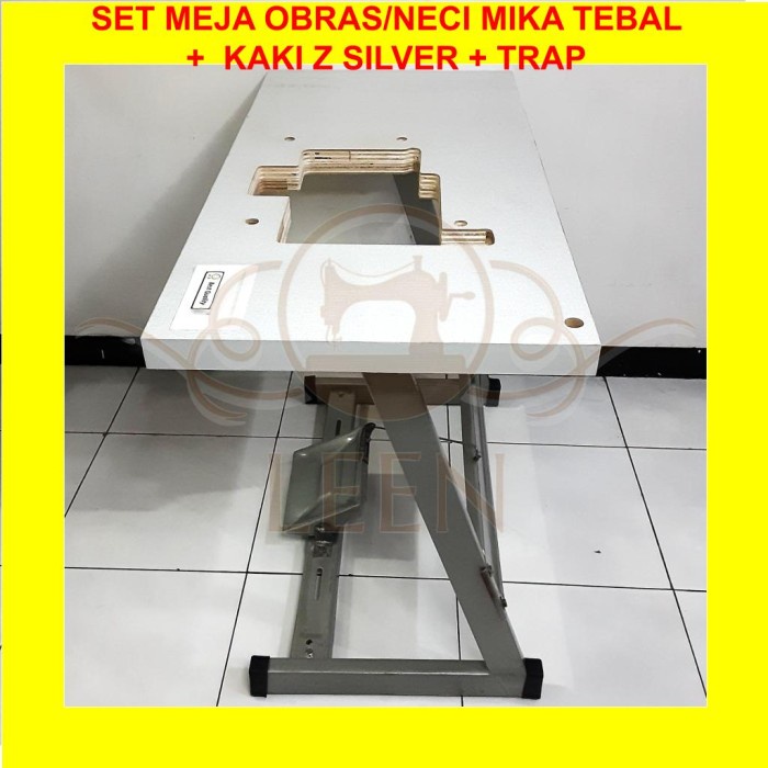 SET Meja MIKA PUTIH TEBAL + Kaki Z SILVER Mesin Jahit Obras Neci LEEN