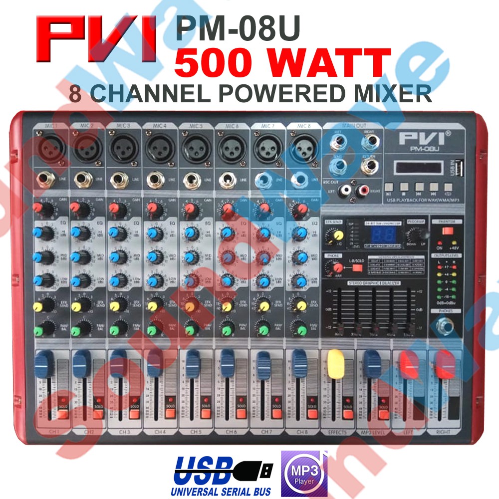 ORIGINAL PVI PM 08U MIXER AKTIF | 8 CHANNEL POWER 500 WATT | USB EQ DIGITAL EFFECT CONSOLE AUDIO PM0