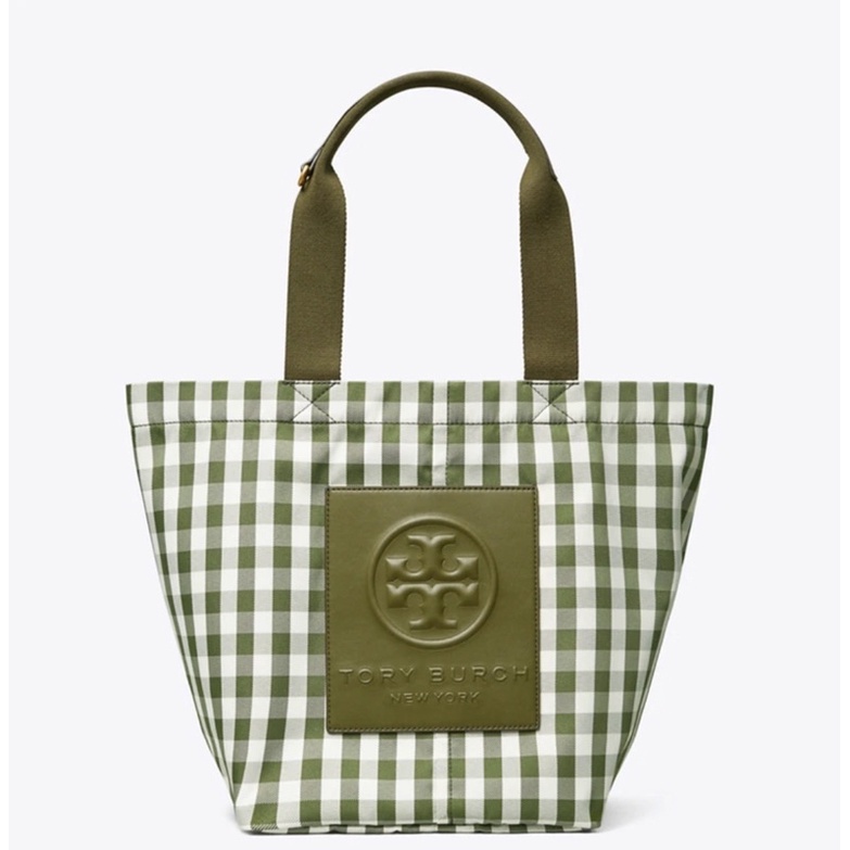 tory burch tb PIPER GINGHAM SMALL SQUARE TOTE BAG Leccio / New Ivory Gingham