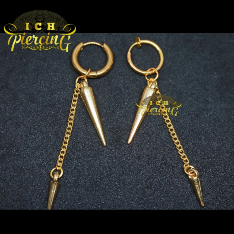 terbaru anting Hoop model tmbak dobel rantai gold / anting Korea gold / anting titanium tindik dan jepit / ICH PIERCING