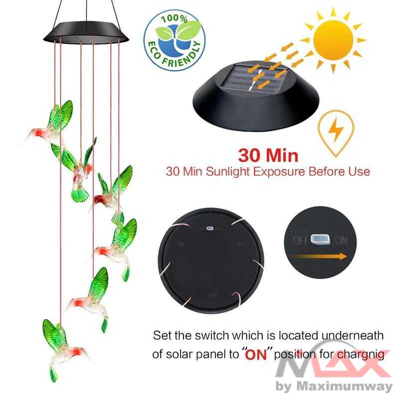 Lampu Hias Teras atau taman tenaga matahari anti air burung kristal rumah lampu pajangan Gantung LED Wind Chime Light tenaga surya solar panel LED Solar Wind Chime Crystal Ball Hummingbird Wind Chime Light Color Changing Waterproof Hanging Solar Light