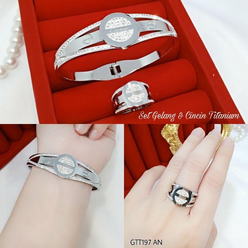 SET PERHIASAN TITANIUM SILVER ANTI KARAT DAN ANTI ALERGISET CINCIN DAN GELANG STAINLESS STEEL PREMIU