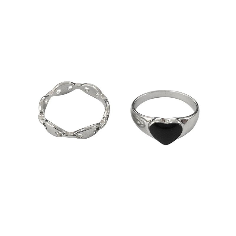 2pcs Cincin Bentuk Hati Warna Hitam Gaya Korea Untuk Wanita