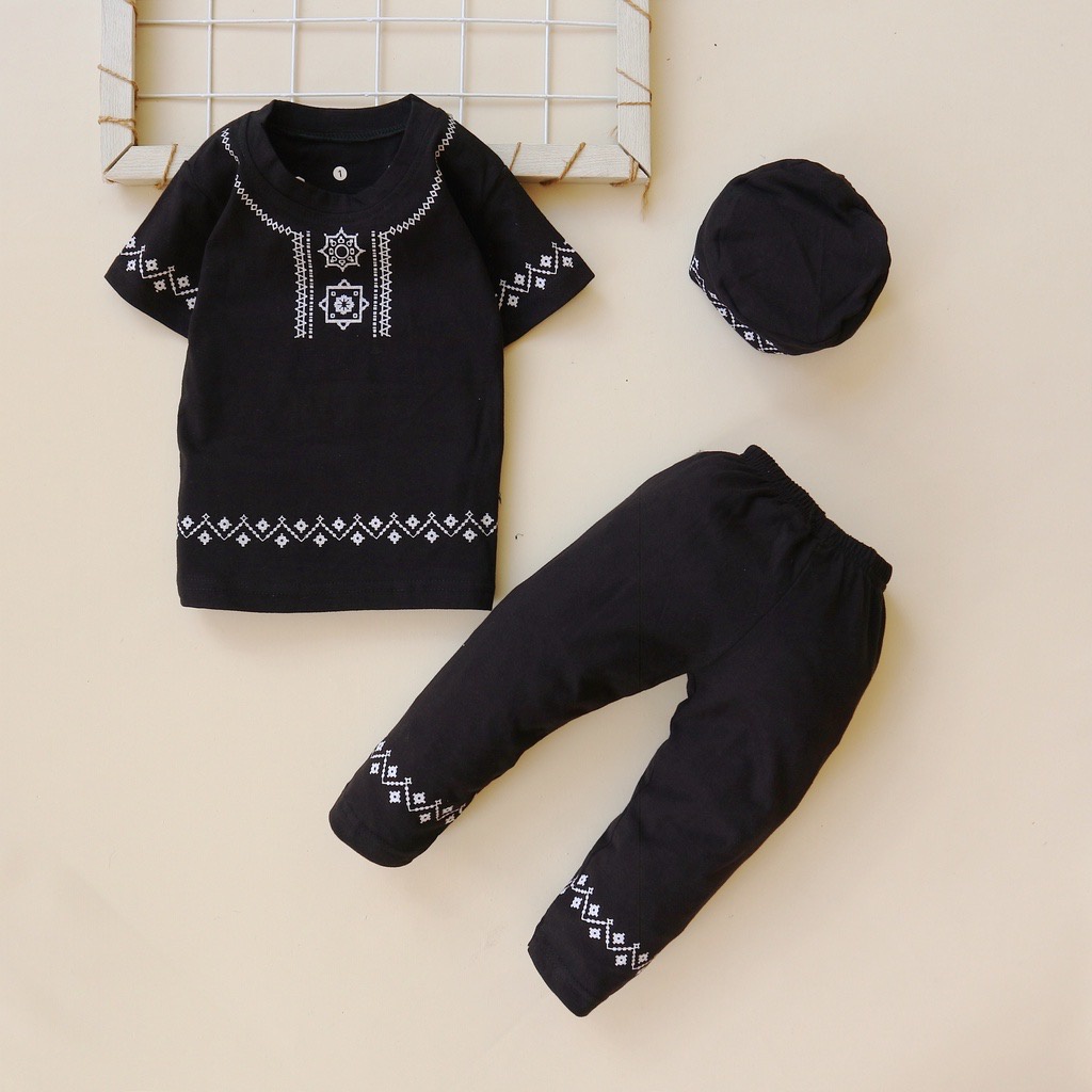 ￼Setelan Koko Celana Peci Motif Koko Square / Setelan Baju Koko Anak Bayi  laki laki cowok Usia 6 Bu
