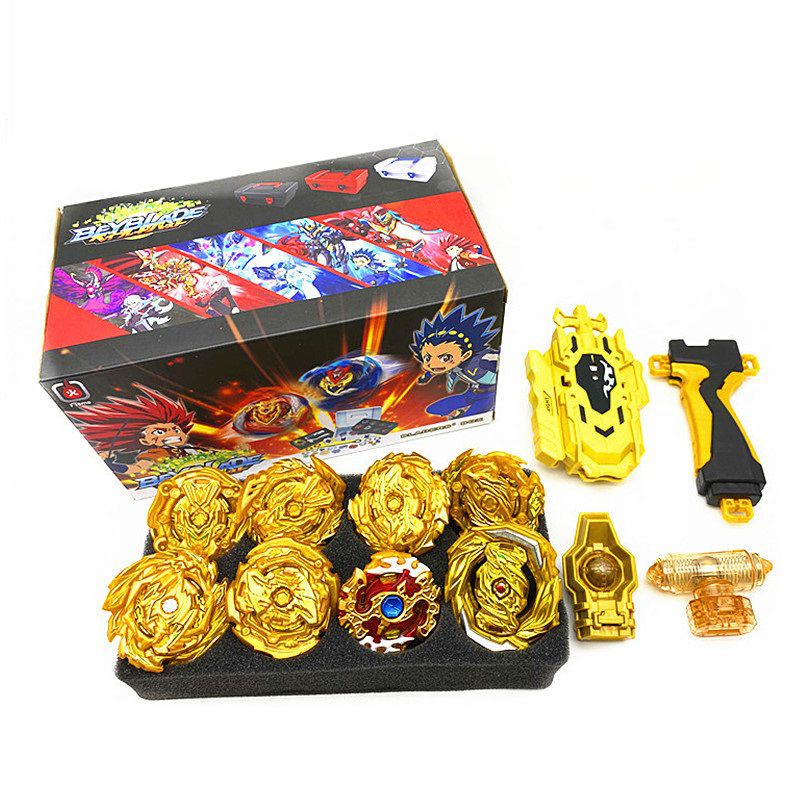 8pcs Golden Beyblade Set Gyro Burst With Launcher Portable Storage Box Kids Gift