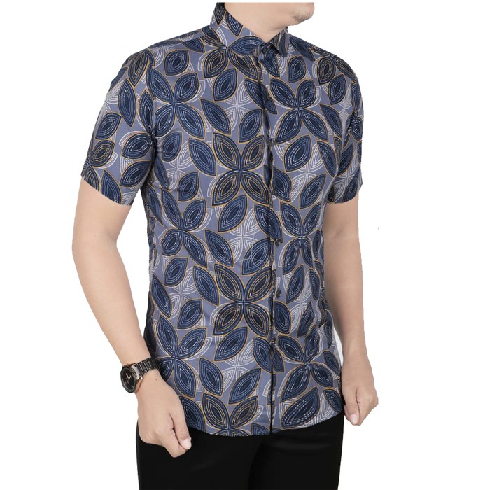TERBARU VM Kemeja Batik Pendek Slimfit Biru Abu Batik Pria Modern - M