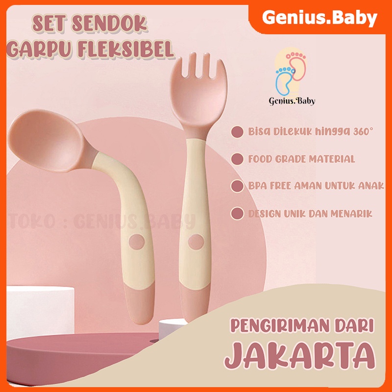 Set Sendok + Garpu Lengkung 360 Derajat Sendok Bayi Bahan Silikon Safety Bisa Ditekuk Sendok Makan