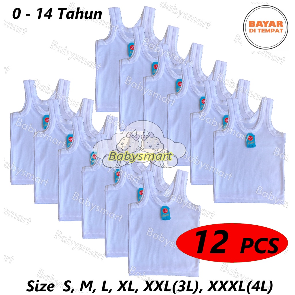 Babysmart - 12 PCS Kaos Dalam / Singlet Bayi/Anak PUTIH/WARNA RIANI/ORIN / singlet bayi new born - 13 Tahun Size S, M, L, XL, 3L, 4L