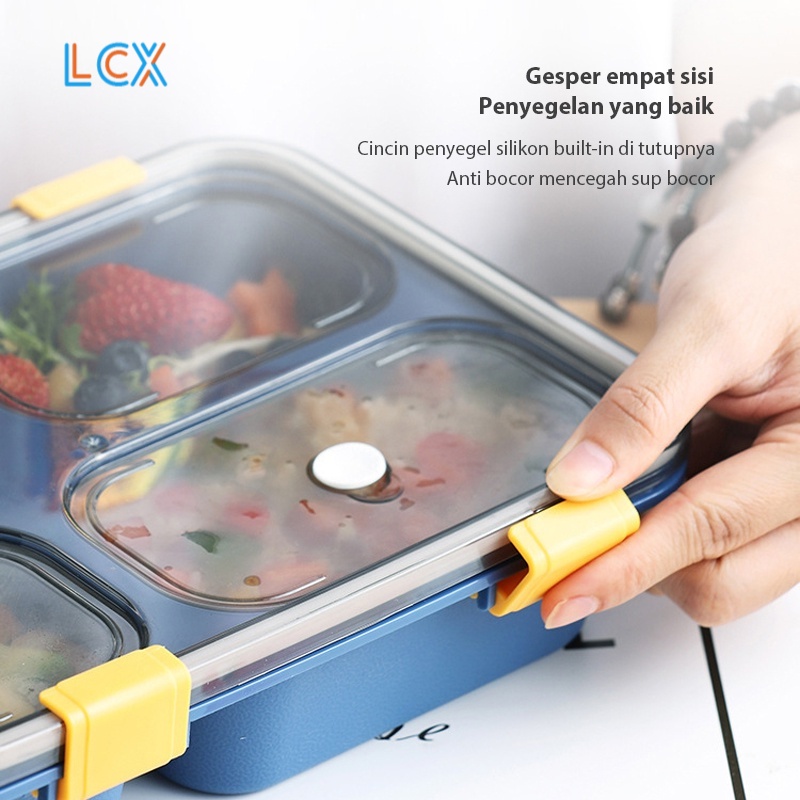 LCX Kotak Makan 4 Grid Dengan Dengan Kotak Sup Dan Sendok Gratis lunch box 1250ml BPA Free VS