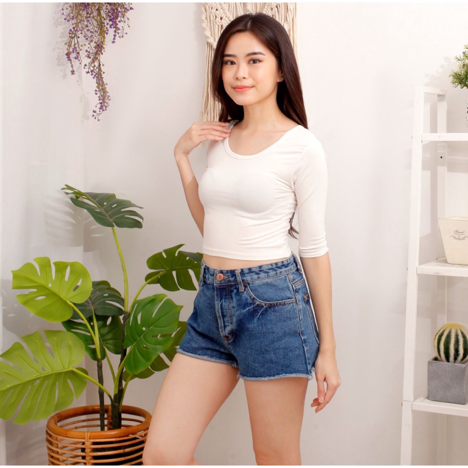 CAVALU Korean Sexy Crop Top Kaos Lengan 3/4 Baju Atasan Wanita 085