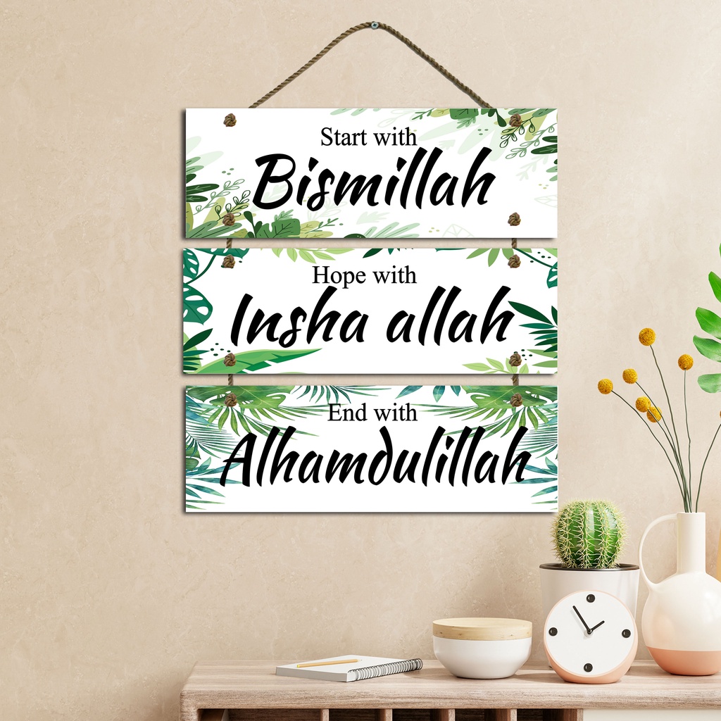 HIASAN DINDING GANTUNG SIGN ISLAMI RUANG TAMU RENTENG 3 KAMAR HIASAN DINDING KAMAR RUMAH DEKORASI TALI PAJANGAN KAYU POSTER WALL DECOR DEKORASI DINDING