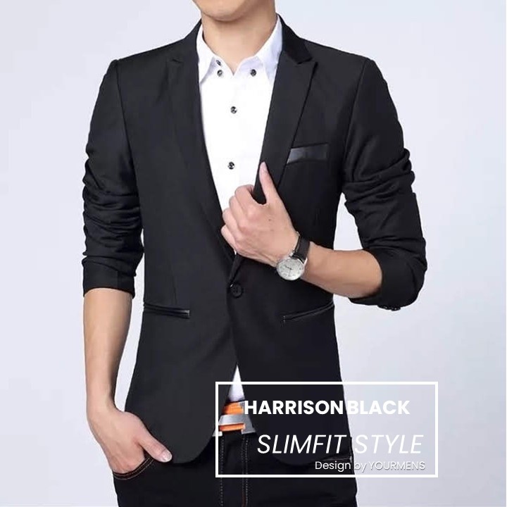 BLAZER SLIMFIT PRIA HARRISON BLACK SEMI FORMAL HIGH TWIST ORIGINAL NIKAYU SINGLE BUTTON