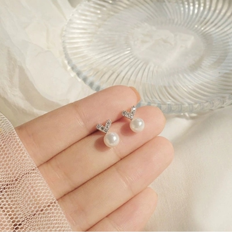 Roselife 1 Pasang Anting Tusuk Sterling Silver 925 Desain Hati Hias Kristal / Mutiara Anti Alergi Untuk Wanita