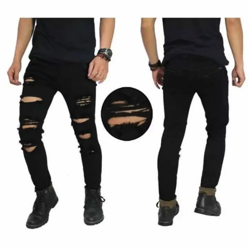 CELANA SOBEK PRIA RIPPED JEANS PANJANG ROBEK HITAM 28-38