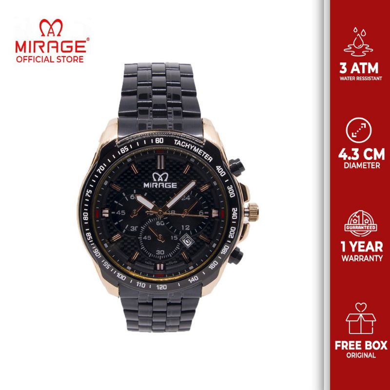 JAM TANGAN PRIA MIRAGE BRP-M8305 BLACK ROSEGOLD ORIGINAL