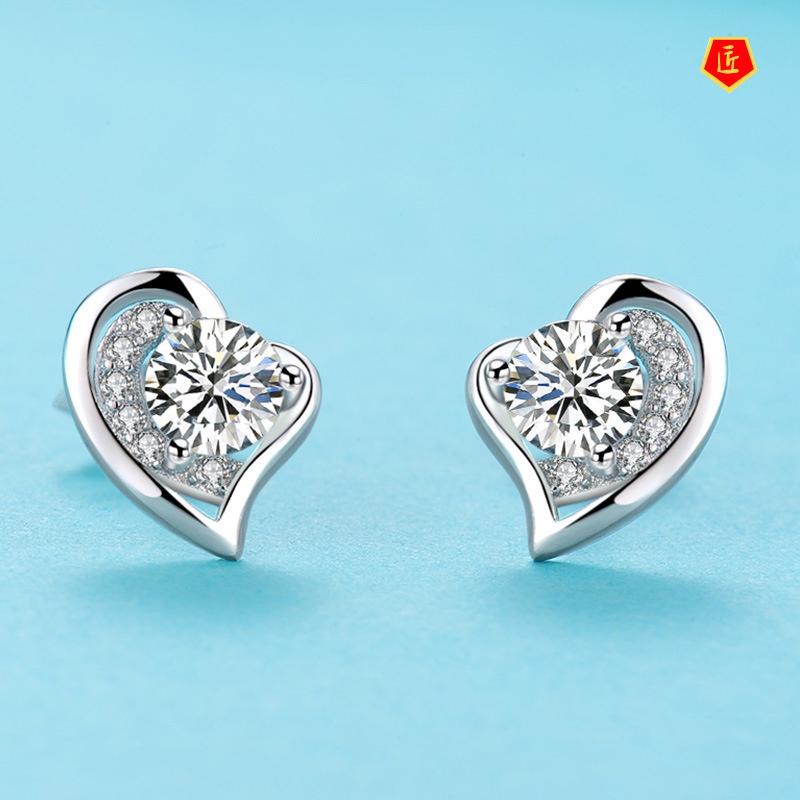 [Ready Stock]925 Silver Women's Simple Diamond Heart-Shaped Earrings