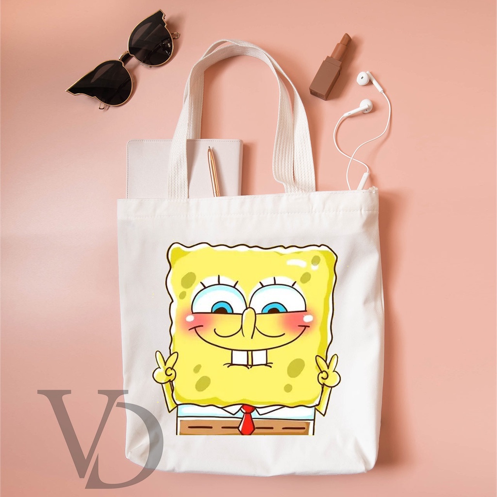 TOTE BAG KANVAS MURAH / TOTE BAG WANITA / TOTE BAG MOTIF SPONGEBOB SQUAREPANTS