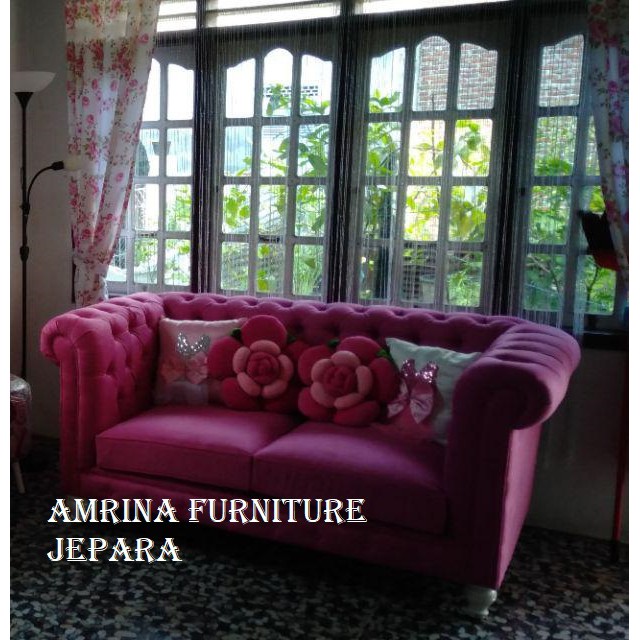 kursi sofa kancing warna pink bludru jepara, furniture mebel jepara