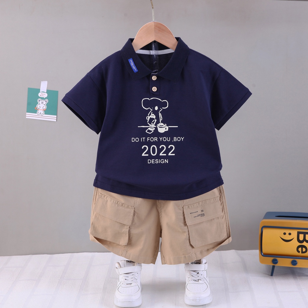 Setelan baju anak laki laki import setelan polo anak laki import baju anak cowok import fashion anak laki laki impor motif beruang celana pendek chino anak laki