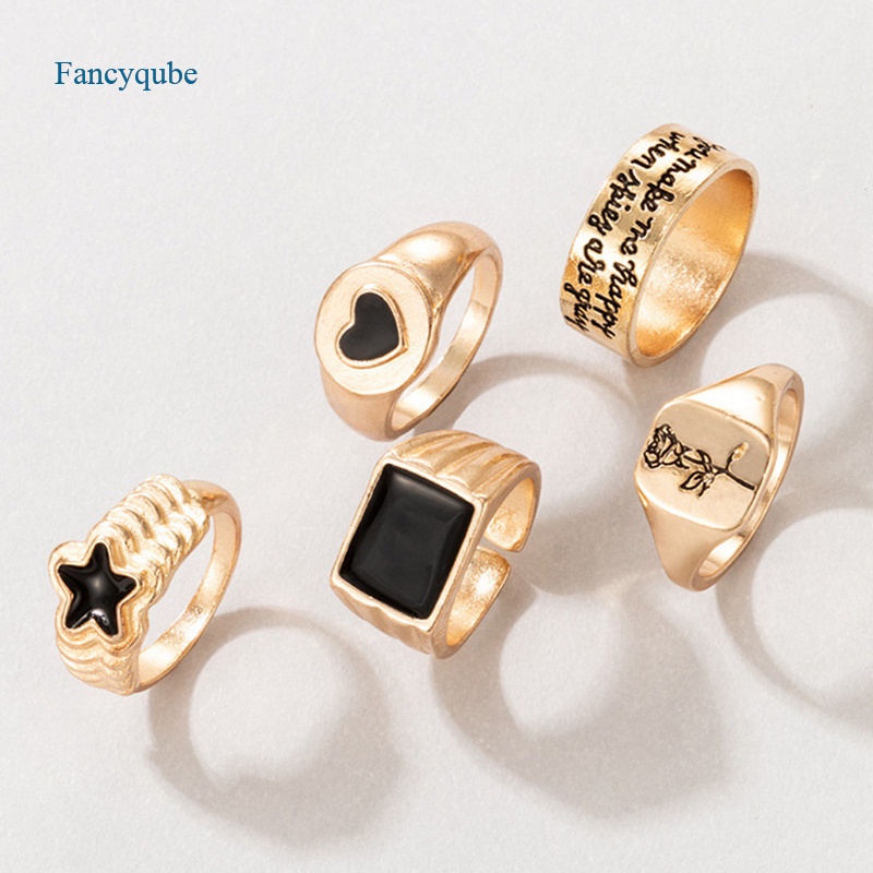 Fancyqube 5pcs / Set Cincin Rantai Emas Geometris Gaya Hip Hop Punk Untuk Wanita