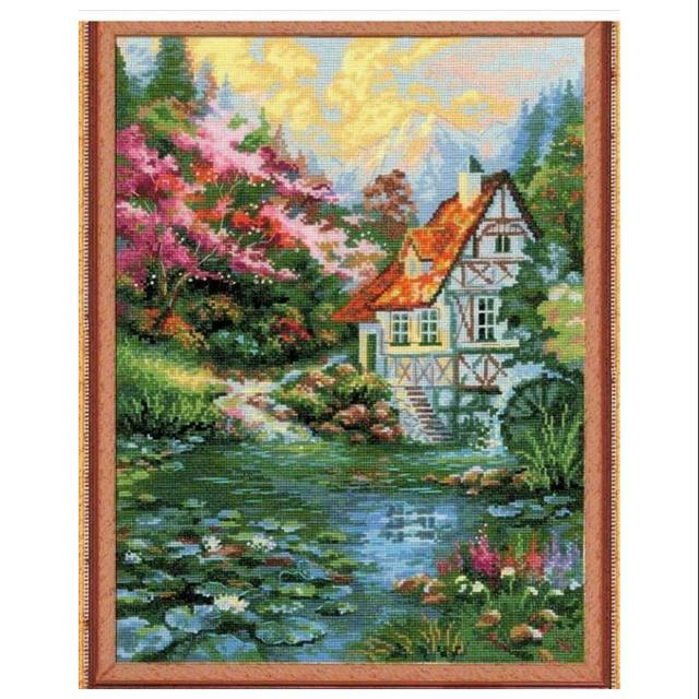 Paket kristik rumah kincir air di tepi danau cross stitch 14ct