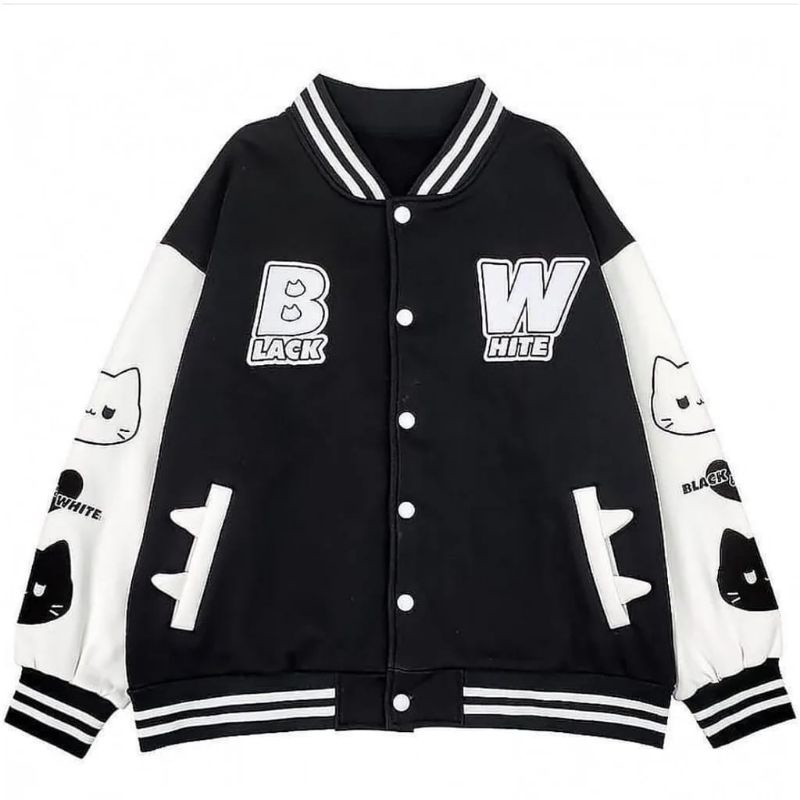 VARSITY JAKET - BLACK WHITE CAT JAKET BASEBALL - CAT BASEBALL JAKET WANITA L
