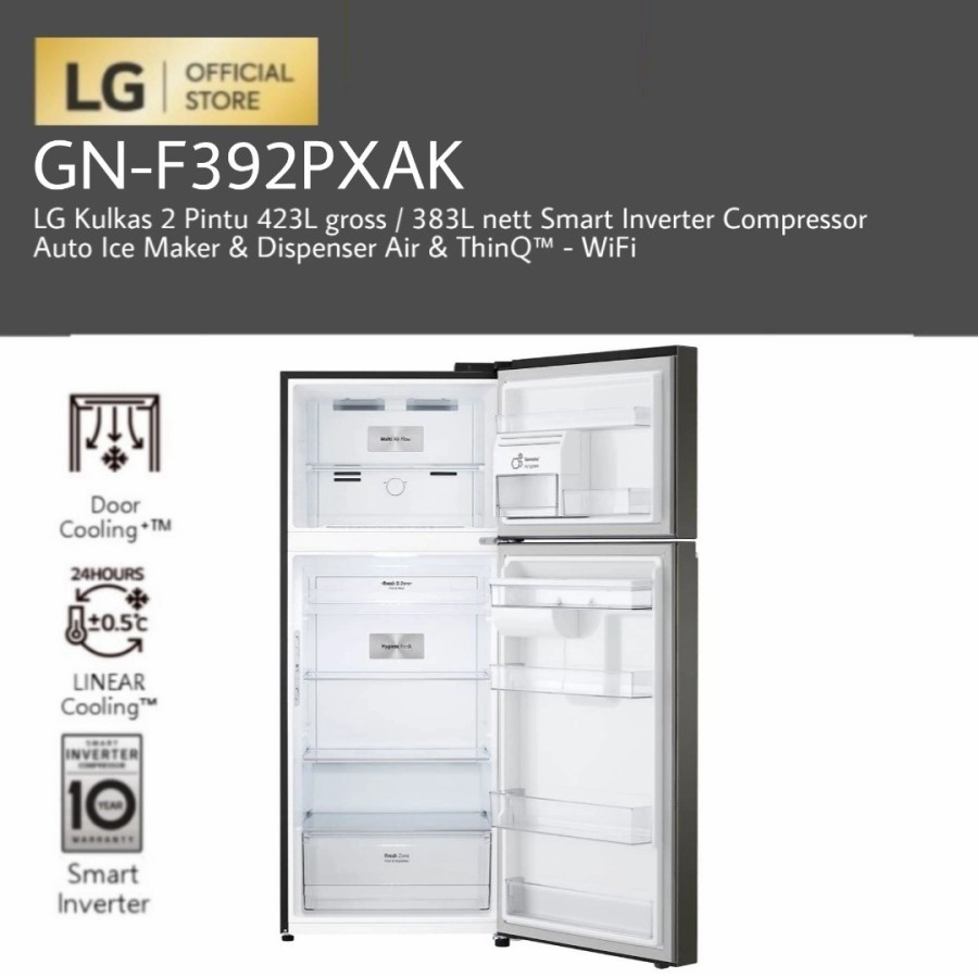 LG GN-F392PXAK Kulkas 2 Pintu 423L Auto Ice Maker