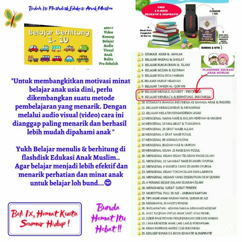 FLASHDISK EDUKASI ANAK MUSLIM (PREMIUM) Kualitas Gambar Bagus bisa disambung ke TV, HP/Tablet, Mobil