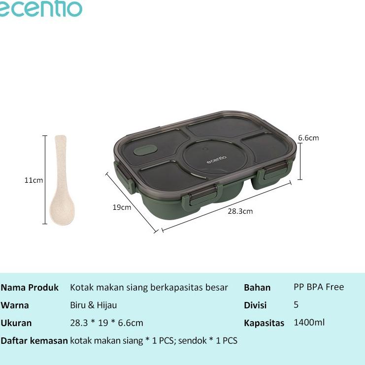 Bagus Dipakai.. ecentio tempat makan Lunch Box Bento Kotak Makan/ lunch box set 1400ml 5 Grid  Denga