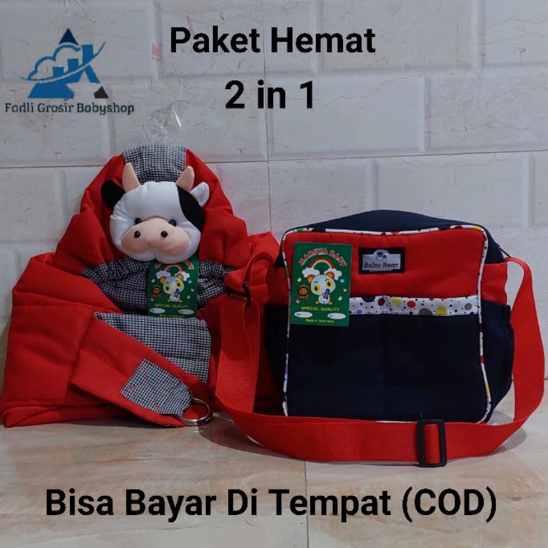 Paket Hemat (2 in 1) Tas Bayi Polka Dan Gendongan Bayi Samping Kerut Topi Boneka Sapi