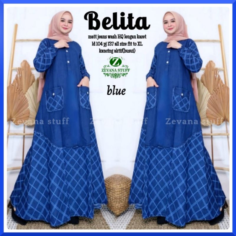 Baju Gamis Jeans Wanita Terbaru Zevana Warna Biru Spassy Uwais Morist Moela Alila Edelweiss