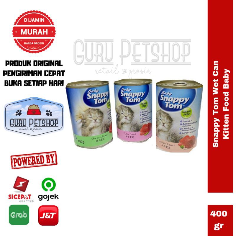 Snappy Tom Wet Can Kitten Food Baby Beef/ Tuna/ Chicken Feast Grain Free 400gr/ Kalengan Basah