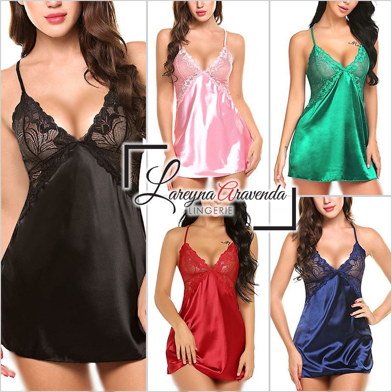 Set Lingerie + G String Seksi Model Lace Nightdress Sexy Suit Satin LG260