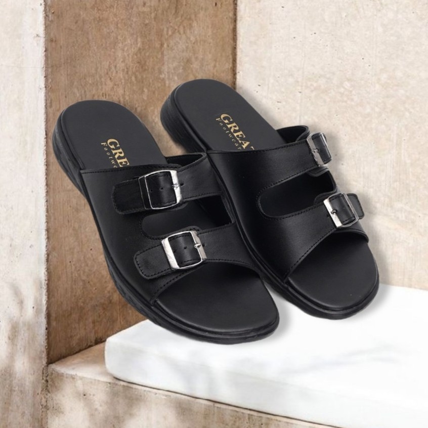 Mozza Black | Sendal Slide Kulit Original Santai Kasual Pria Cowok Sandal Footwear | FORIND x Greata