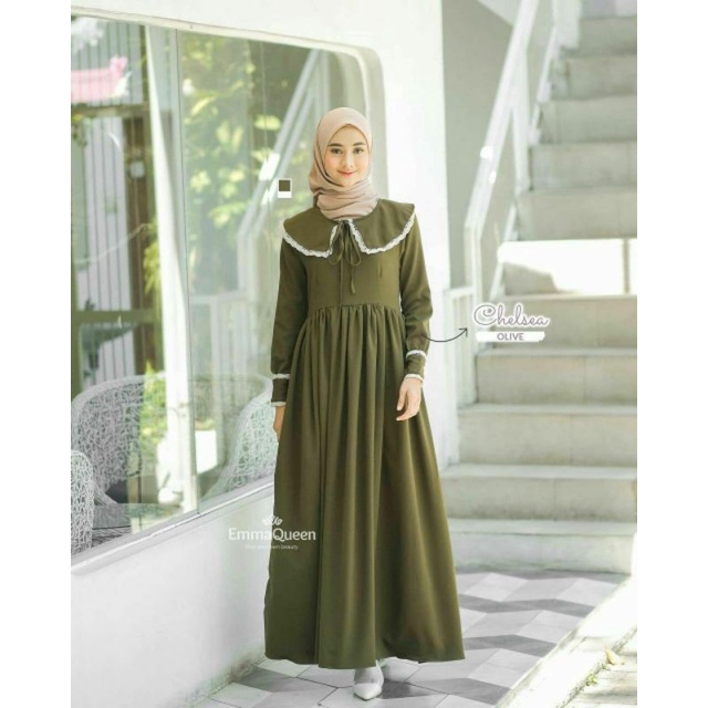 gamis wolfis midi dress renda hijau army murah